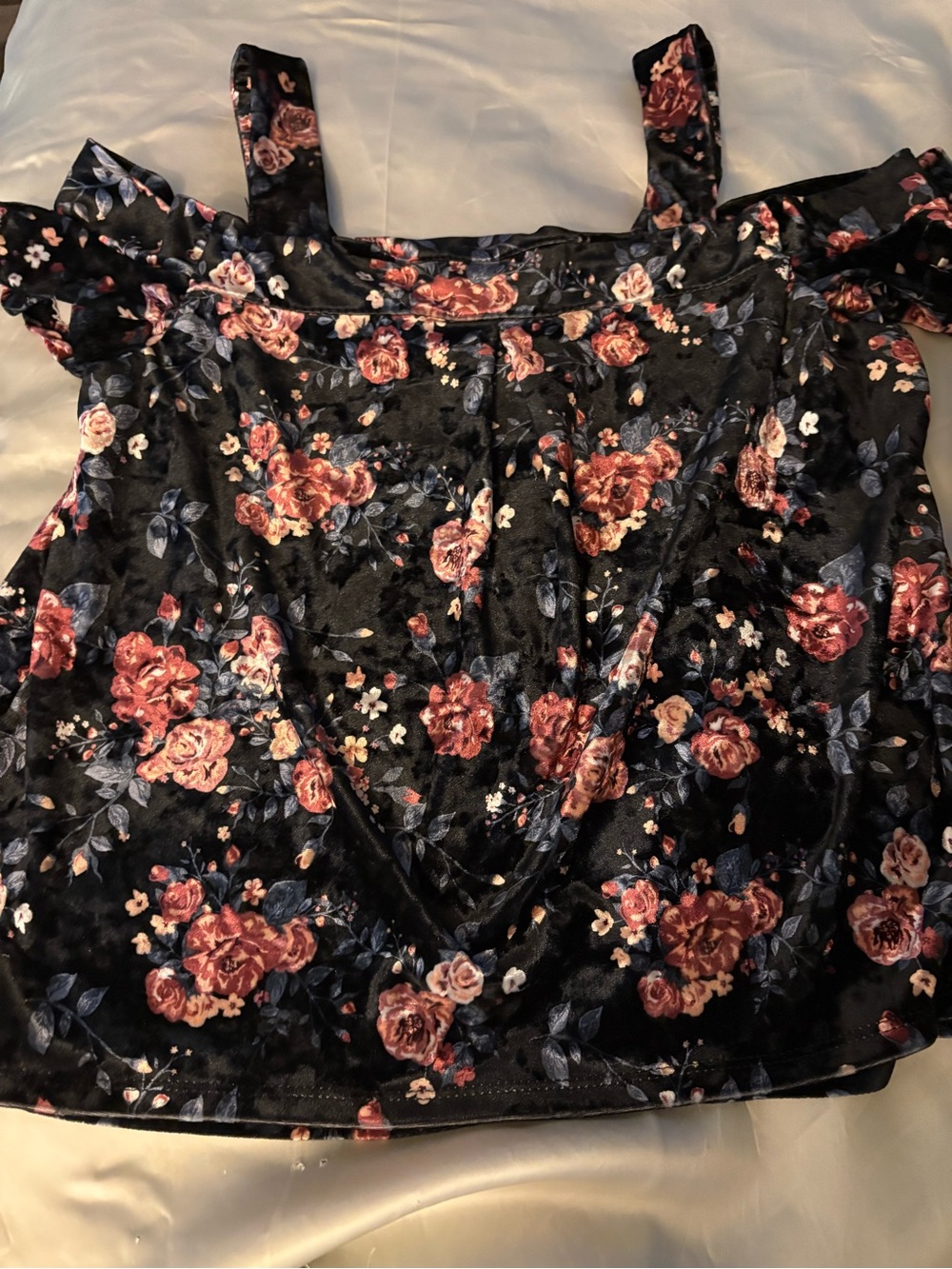 Self Esteem Black Velvet Floral Off-Shoulder Tank with Rose Print